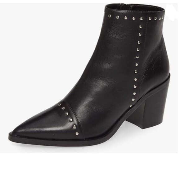 FSJ Black Block Low Heels Ankle Boots Pointy Toe Rivets Studs Side Zipper Boots - Picture 1 of 8